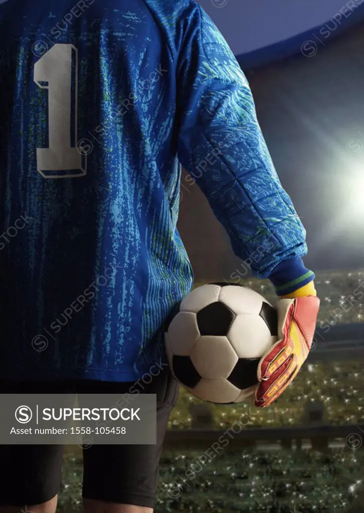 Goal-keeper, view from behind, detail, ball,  holding, football stadium, back light, evening,   Sport, sport, team sport, football, WM 2006, team spor...