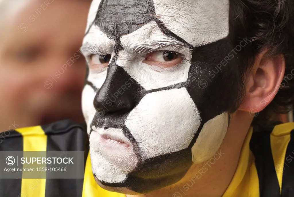 Football fan, face painting, facial expression,  Portrait, truncated,   Series, people, man, young, fan, spectators, face, paints, patterns, black-and...