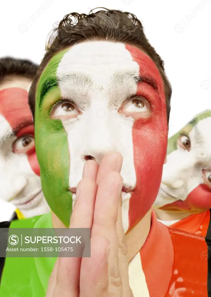 Football fans, face painting,  National colors, Italy, portrait, pray,   Series, people, man, young, fans, Italy fans, spectators, face, national colo...