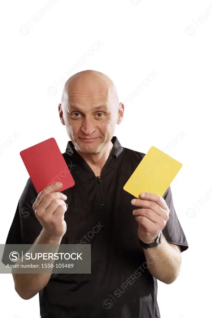 Referees, smiling, cards, yellow, red,  shows, Halbporträt,   Series, man, middle age, 40-50 years, 50-60 years, bald head, gaze camera, kindly, occup...