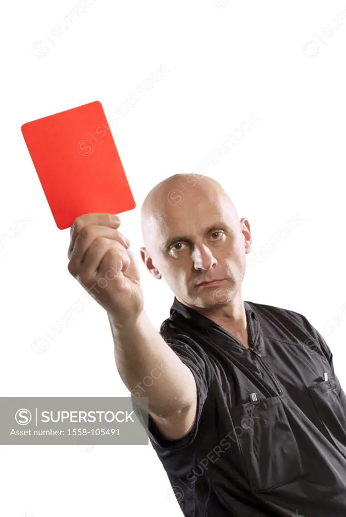 Referees, shows seriously, red card,  Half portrait,   Series, man, middle age, 40-50 years, 50-60 years, bald head, gaze camera, hitched up, occupati...