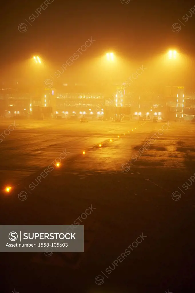 Germany, Bavaria, Munich, airport-terrains, illumination, night, Franz-Josef-bouquet airport, tower, runway, floodlight, lights, darkness, fog, symbol...
