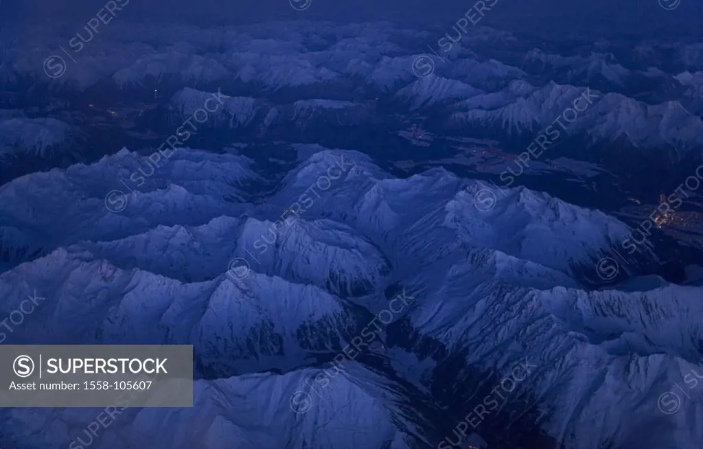 Germany, Bavaria, airplane, flight, gaze windows, Alps, darkness, air-reception, mountains, mountains, mountain-chains, summits, snow-covered, winters...