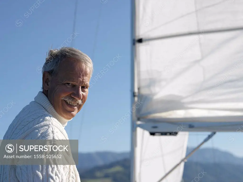 Sailboat, senior, rope-sweaters, gaze camera semi-portrait series sea boat, 60-70 years, man, sweater knows, stands, relaxation, enjoys, silence, sile...