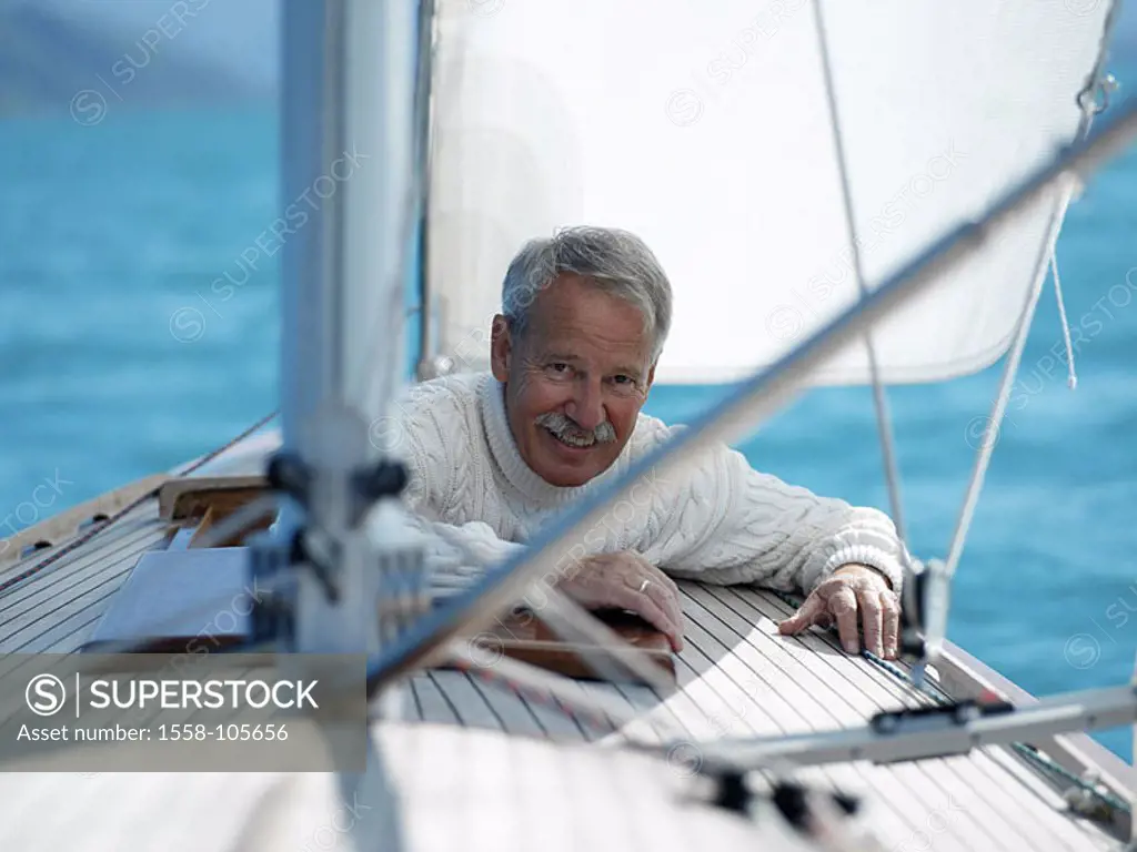 Sailboat, senior, rope-sweaters, gaze camera, smiles, portrait, series, sea boat 60-70 years man knows sweaters, deck, openly hatch, stands, sailing, ...