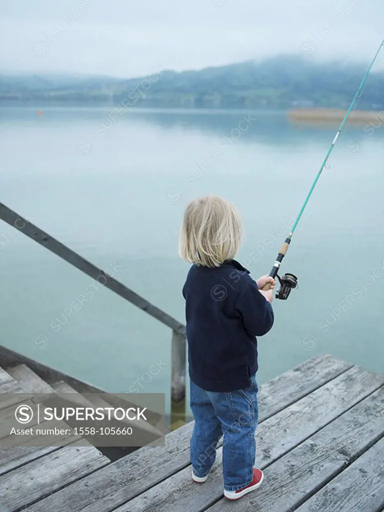 Boat-bridge, boy, fishing rods, back-opinion, sea, waters, bridge, jetty, child, 3 years, blond, fishing rod-rod, holds, however outside, independence...
