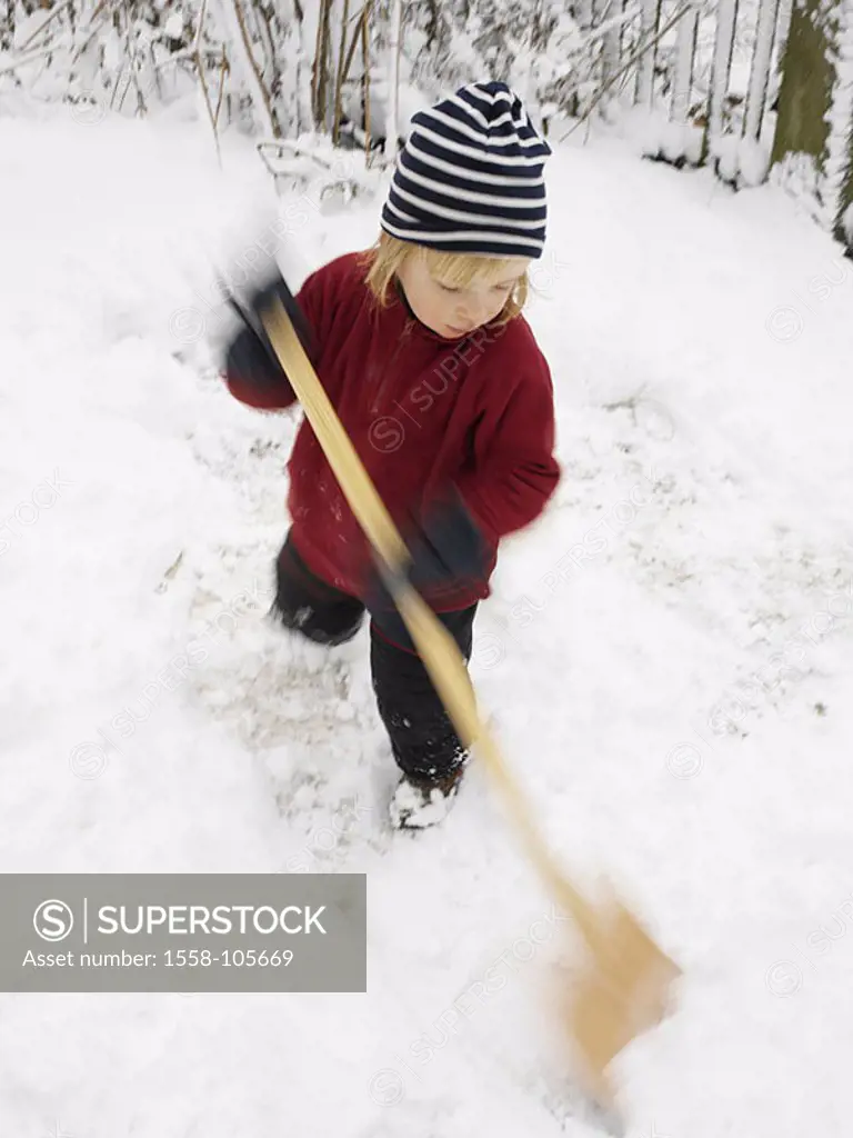 Give birth, winter-clothing, snow-shovels, 4 years, child, blond, ski-pants, sweaters, cap, snow-shovel, shovel, shovels, snow-evacuates, plays, activ...