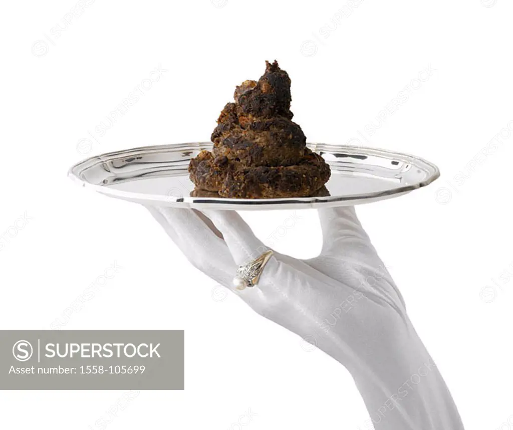 Hand, glove, ring, silver-tray, dog-excrement, women-hand, tray, carries, serves, presents, excrements, excrement, symbol, disgust, tastelessly, studi...