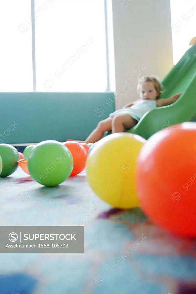 Girls, slide, slide, balls, fuzziness, series people child toddler 1-2 years, childhood, nursery, playrooms, rooms, area, carpet flooring, plastic-bal...