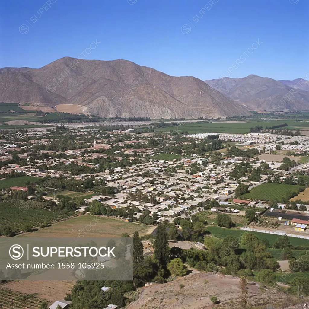 Chile, Valle Del Rio Elqui Vicuña city-overview wine-growing landscape, mountains, South America, small north, Elqui-Tal, Vicuna, city, birthplace Gab...