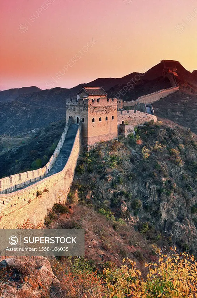 China, Jinshanling, Chinese wall, detail, evening-mood, series, Asia, close to Peking, mountains, highland-shaft big wall Great embankment Ming-Dynast...