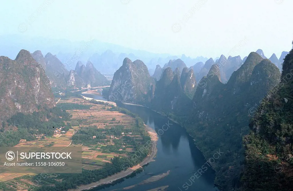 China, Guangxi, Yangshuo, highland-shaft, Li Jiang, air-reception, Asia, Eastern Asia, landscape, mountains, Karstkegelberge, Karstberge, rock-formati...