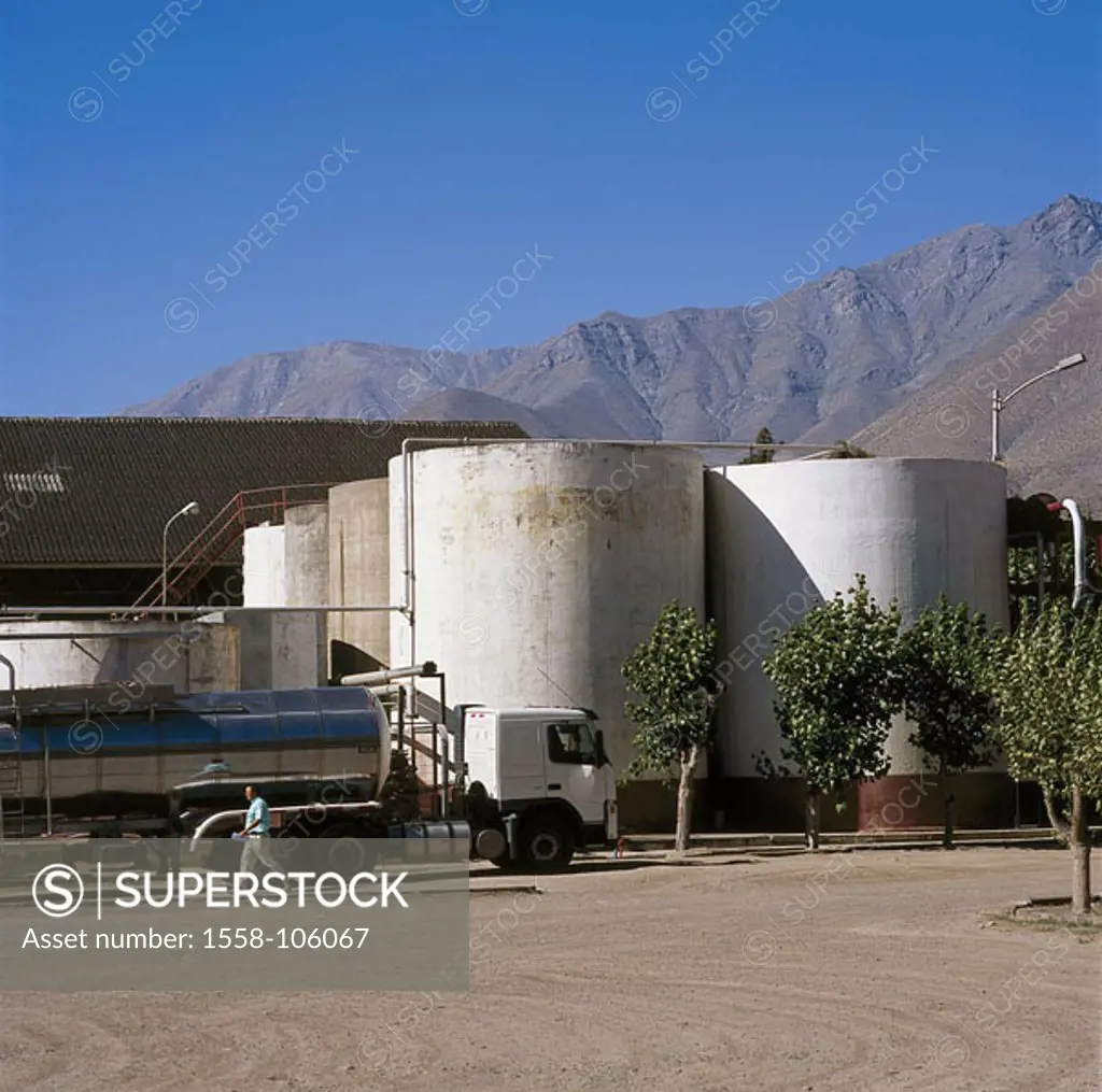 Chile, Valle Del Rio Elqui Vicuña Destillerie tankers drivers, , South America, Vicuna, economy, Pisco, beverage, manufacture, production, alcohol, al...