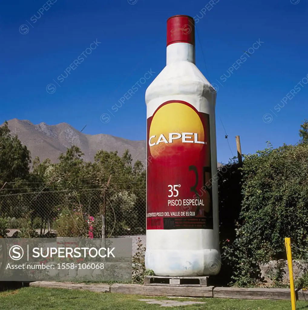 Chile, Valle Del Rio Elqui Vicuña garden advertisement Destillerie ´Capel´, bottle, outsize, South America, small north, Elqui-Tal, Vicuna, economy, a...