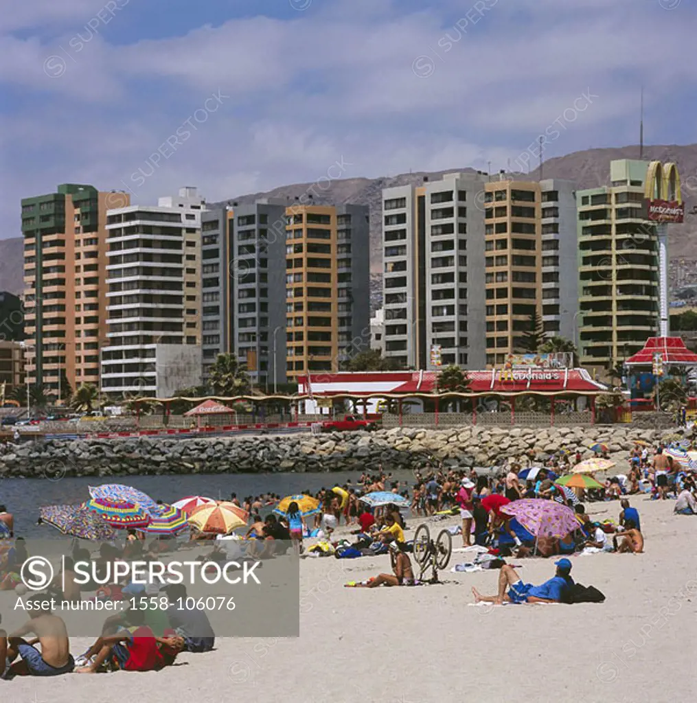 Chile, Antofagasta, city-opinion, high-rises, beach, swimmers, South America, big north, North-Chile, coast, port, city, of block of flats, almost-foo...