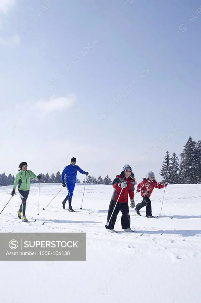 Langlaufloipe, family, Langlaufen, together, cheerfully, series, Loipe, people, long-runners, parents, children, two, girls, sport, winter-sport, leis...