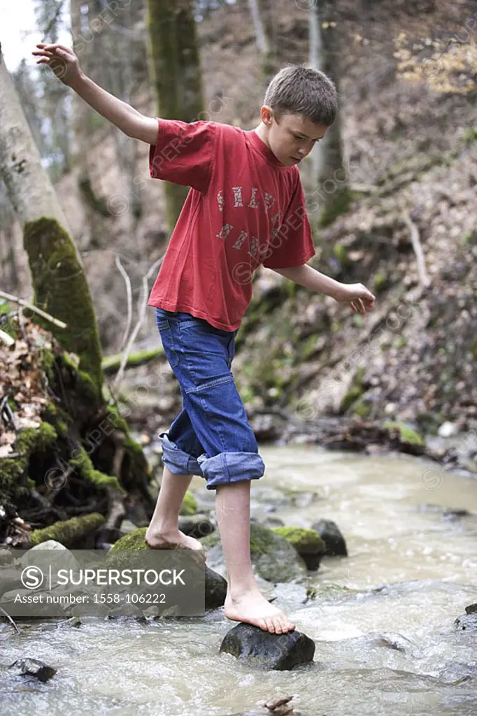 Forest, brook, boy, barefoot, stones, balances leisure time, people child 13 years 10-15 years balance-act, waters, creek bed goes to cross, gesture, ...