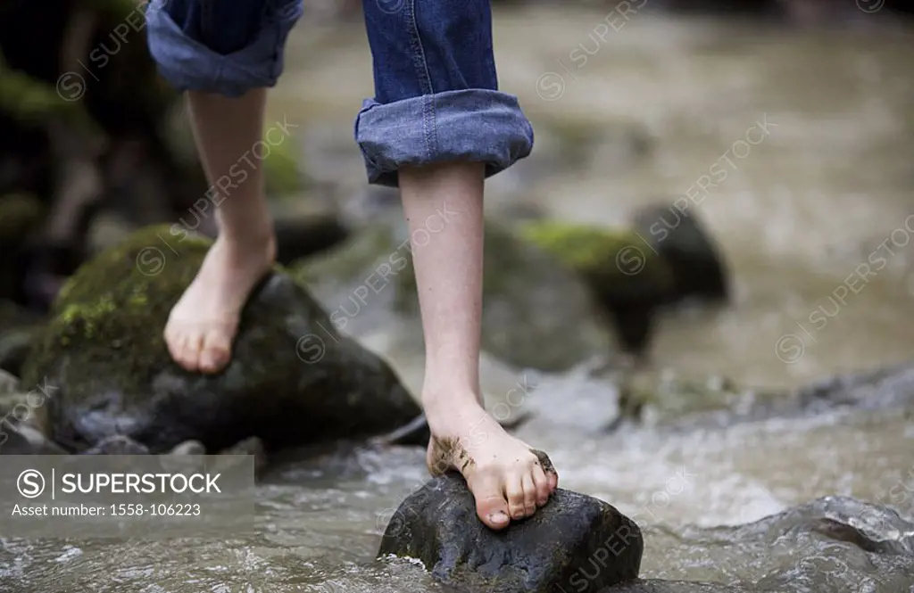 Brook, child, barefoot, detail, feet, stones, balances leisure time, people boy 10-15 years, goes, pants, balance-act, waters, creek bed, rolled up cr...