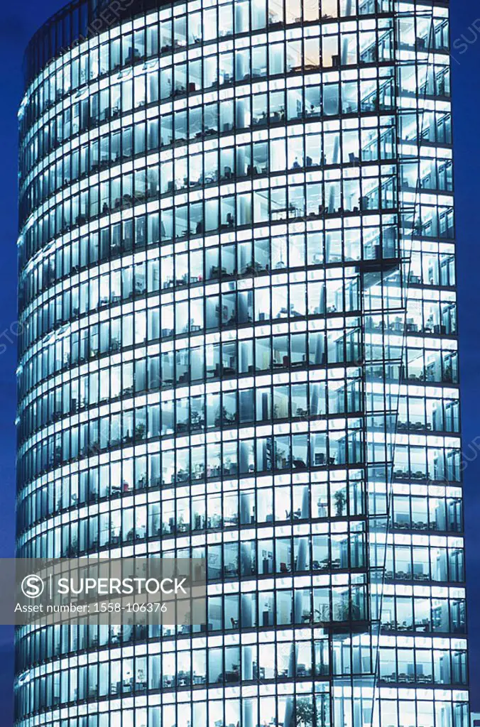 Germany, Berlin, Potsdam place, office-high-rise, DB Headquarter, facade, evening, illuminates city, capital city buildings high-rise business-house, ...