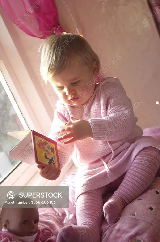 Girls, picture-book, sill, look at sits, people, child, toddler, 1-2 years, blond, quite-bodies, indoors, at home, nurseries, playrooms, reading-corne...
