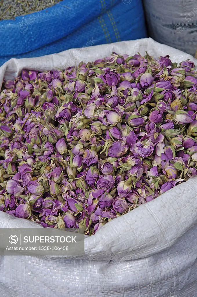 Sack, blooms, detail, dried bloom-heads, flowers petals violet, purple, dry-flowers, seasoning, seasonings, seasoning-market, sale, market, Morocco, M...