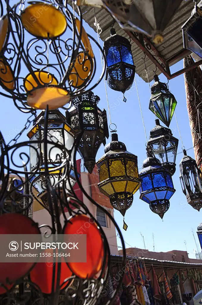 Morocco, Marrakesch, Souk, lamps, detail, hangs Africa, city quarter Medina old part of town alley, market, economy, handicraft, handicraft, tradition...