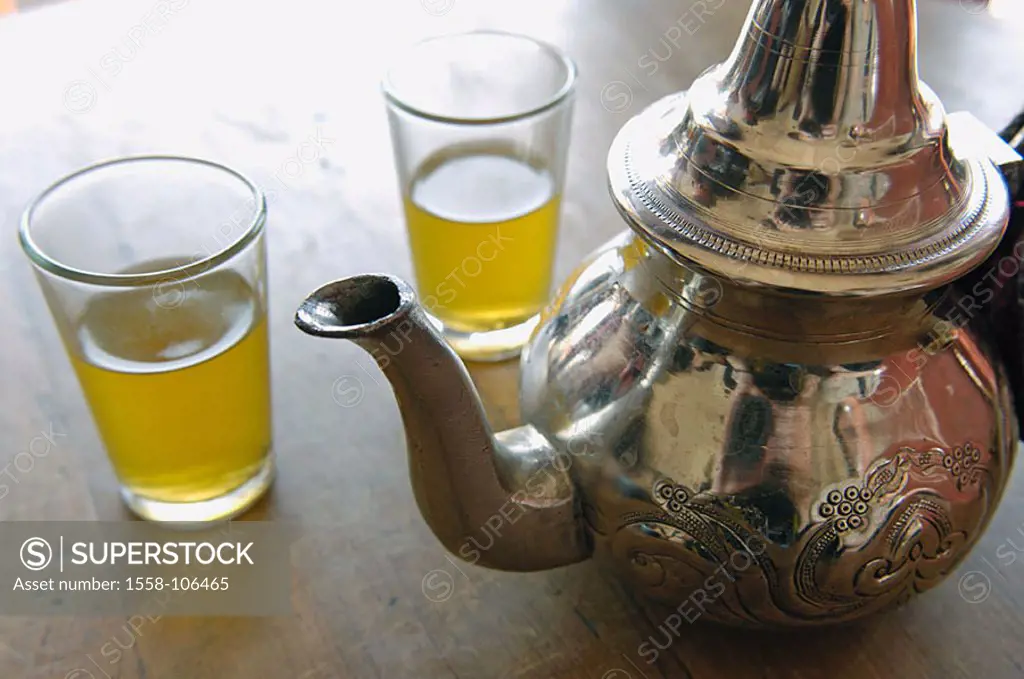 Tea-pot, glasses, tea, mug, silver-mug, tea-glasses, tea-rite, Minztee, beverage, infusion-beverage, culture, easterly, traditionally, Morocco, quietl...