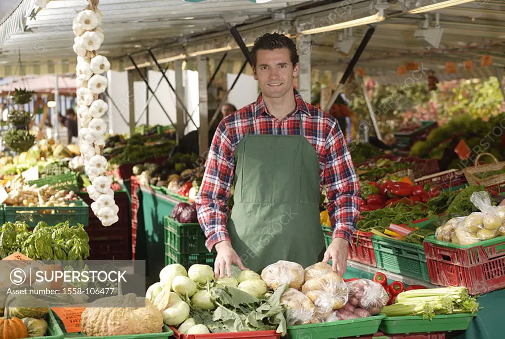 Week-market, greengrocers, smiles, semi-portrait, series, man 20-30 years young, salespersons, dealers, occupation, apron, sale, ware, vegetables, new...