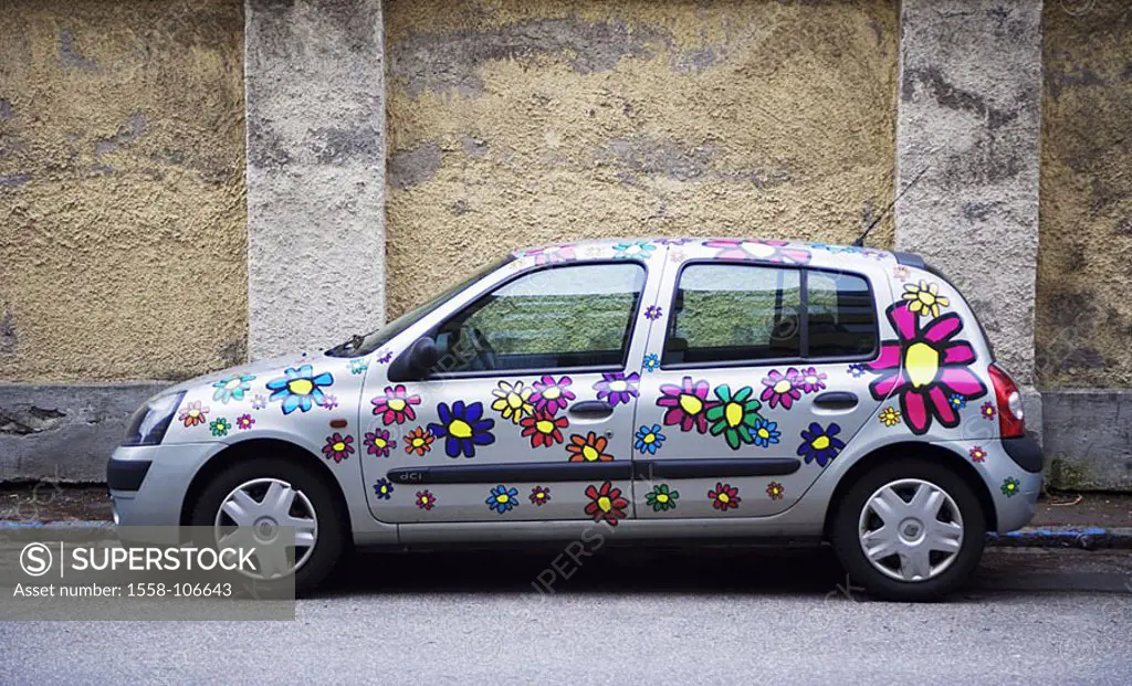 Car, flower-patterns, side-opinion, vehicle, private car, special-varnishing, ornamentation, design, Car-Design, Renault, silvery, special-varnishing,...