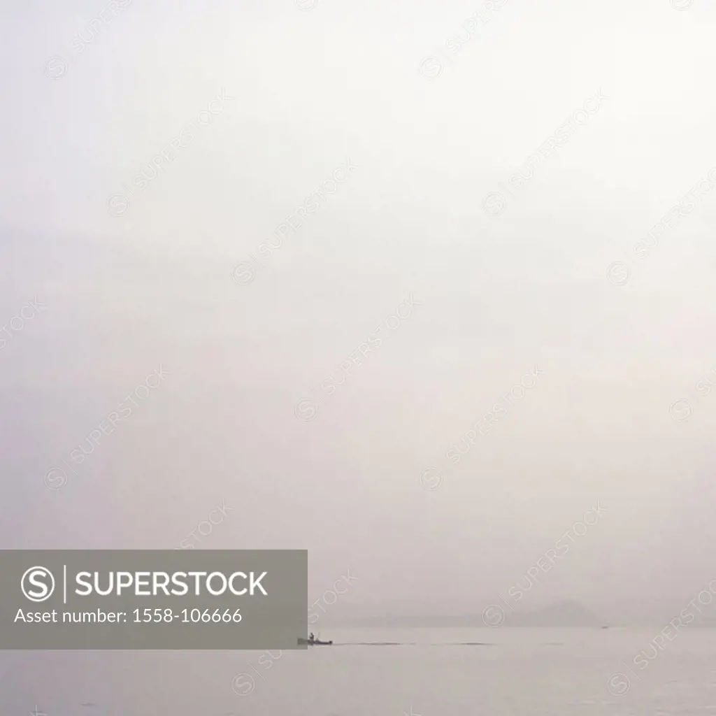 Sea, boat, silhouette, foggily, water, water-surface, drives fishers, fisher-boat, bad view, dismal, cloudy, hazy, gray in gray, concept, loneliness, ...
