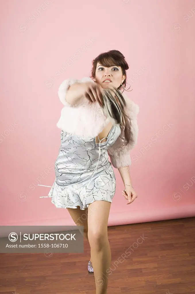Woman, young, angrily, people toss gesture, handbag, series, 20-30 years brunette Hochsteckfrisur, made up, makeup, fur-jacket, mini-dress, fashion, s...