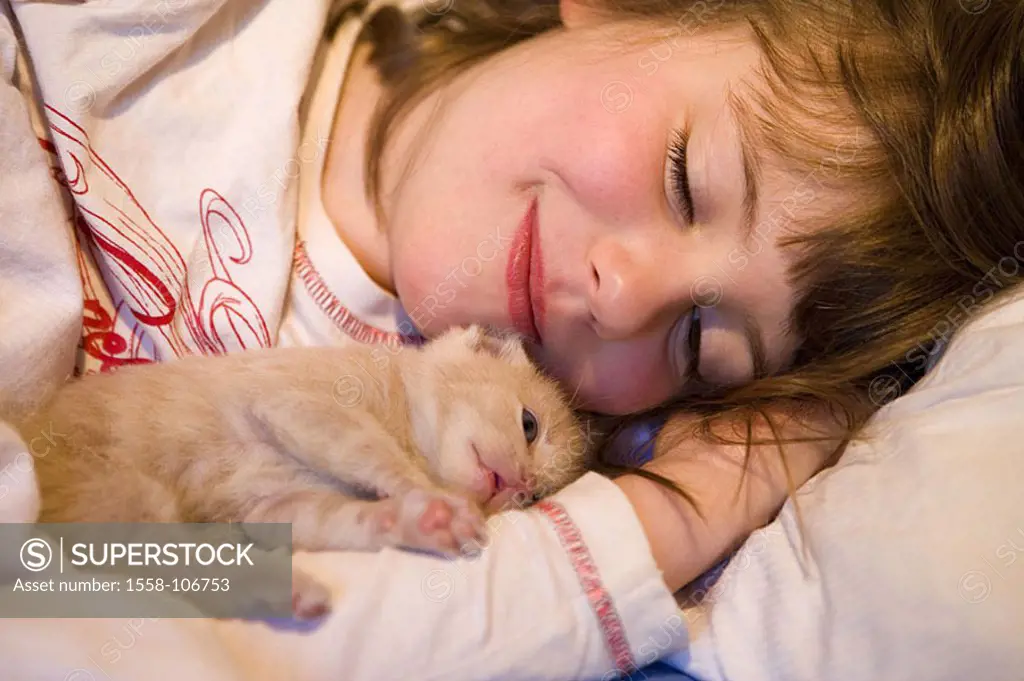 Girls, smiles, kittens, red-striped, lie, cuddles, detail, people, child, happily, animal-dearly, concerns, welfare, animal, mammal, pet, cat, animal-...