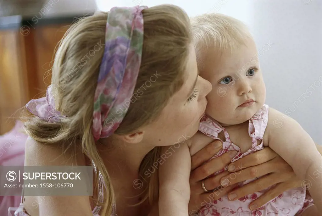 Mother, baby, holds, cuddles, portrait, people, woman, young, 20-30 years, parent, motherhood, child, toddler, infant, 1-2 years, blond, gaze at the s...