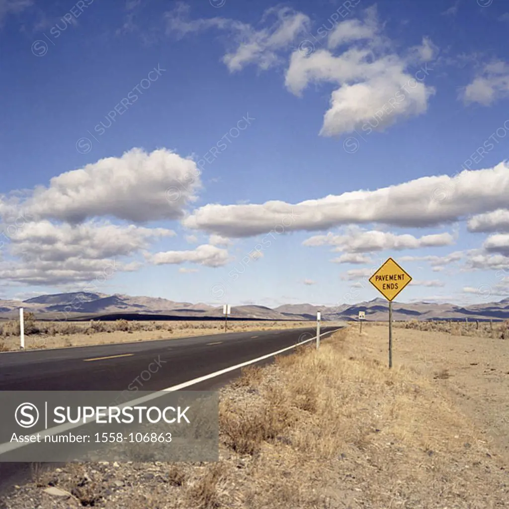 USA, Nevada, Black skirt Desert, country road, sign, ´Pavement Ends´, North America, United States of America, nature, landscape, desert, mountains, m...