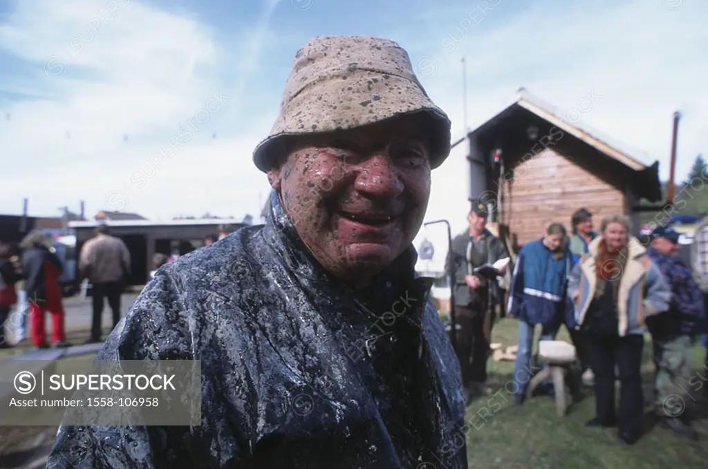 Senior, rain-jacket, hat, filth, wet, portrait, no models fisher, face, mud, mud-squirts, release, man, dirt, gaze camera, laughs, cheerfully, mood po...