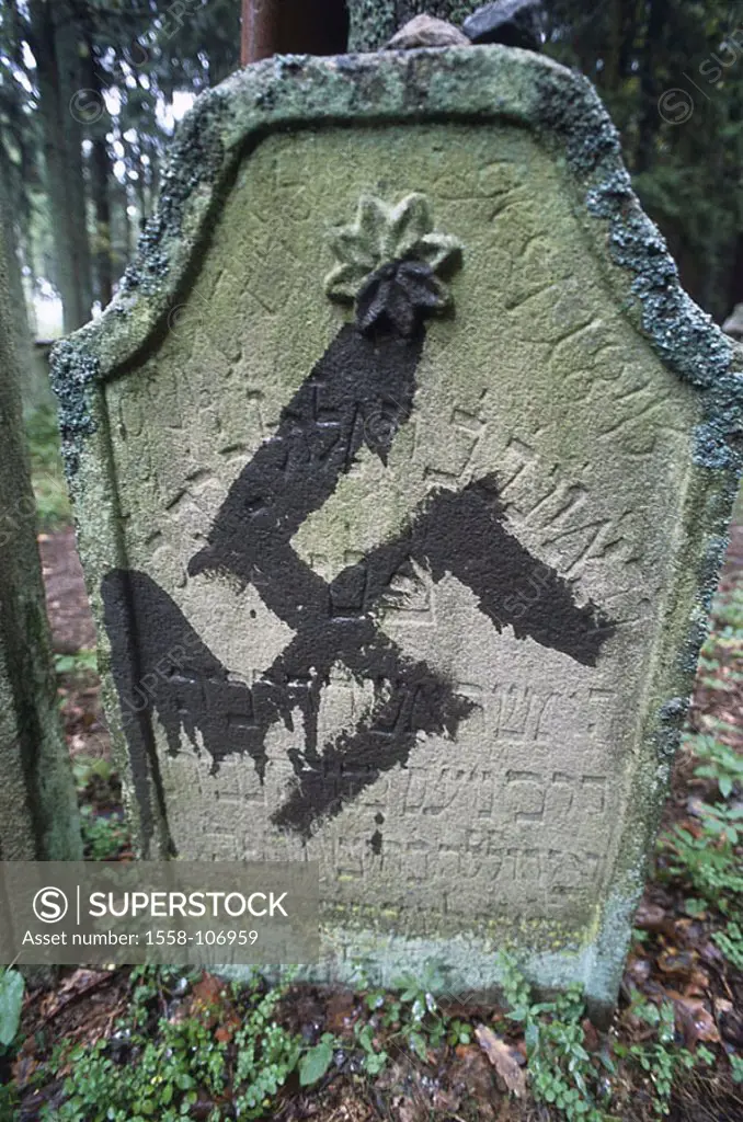 Czech republic, Horni Pecin, Jew-graveyard, tombstone, swastika, smears monument vandalism close to Telc, forest-graveyard, Jewish graveyard, spreads,...