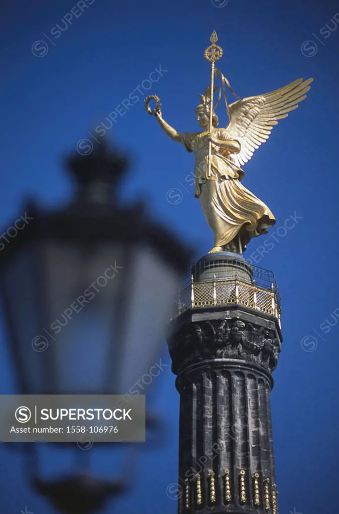 Germany, Berlin, zoo, Siegessäule, detail, ´Siegesgöttin Viktoria´, background, streetlight, column, angels, goddess, golden, laurel-wreath, gilds 186...