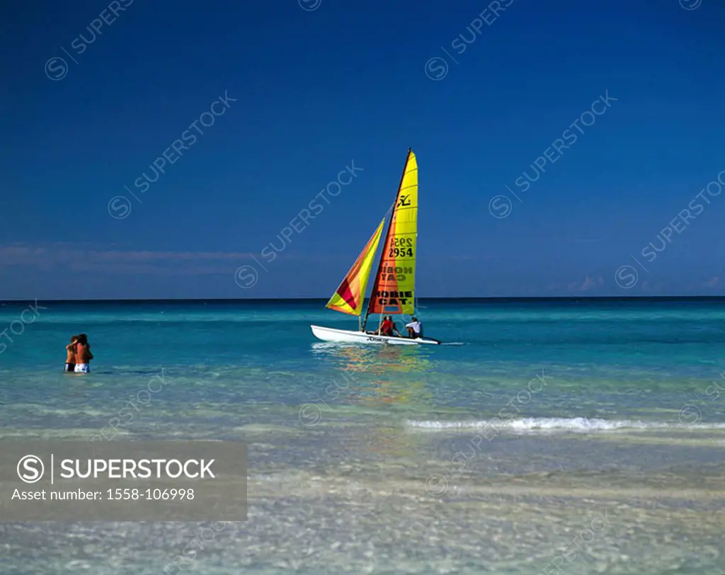 Caribbean, sea, beach-proximity, sailboat, swimmers, , tourists, water, stands, refreshment, cooling, bath-fun, boat, sailing, water-sport, leisure ti...