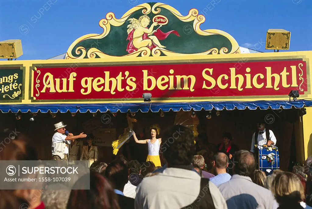 Germany, waiter-Bavaria, models showman ´Schichtl´, spectators, no release, Bavaria, Theresienwiese, Wiesn, festival, booth, presentation, curiosities...