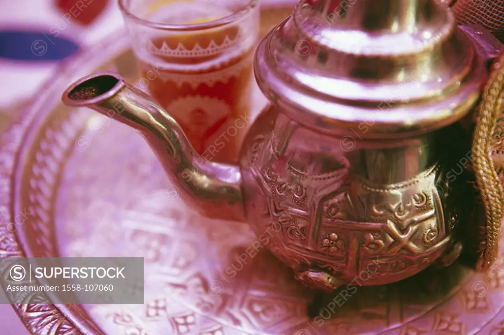 Morocco, silver-tray, tea-pot, tea-glass, detail, restaurant, pub, Bougainville-Cafe, tray, mug, silver-mug, glass, tumbler, tea, beverage, infusion-b...