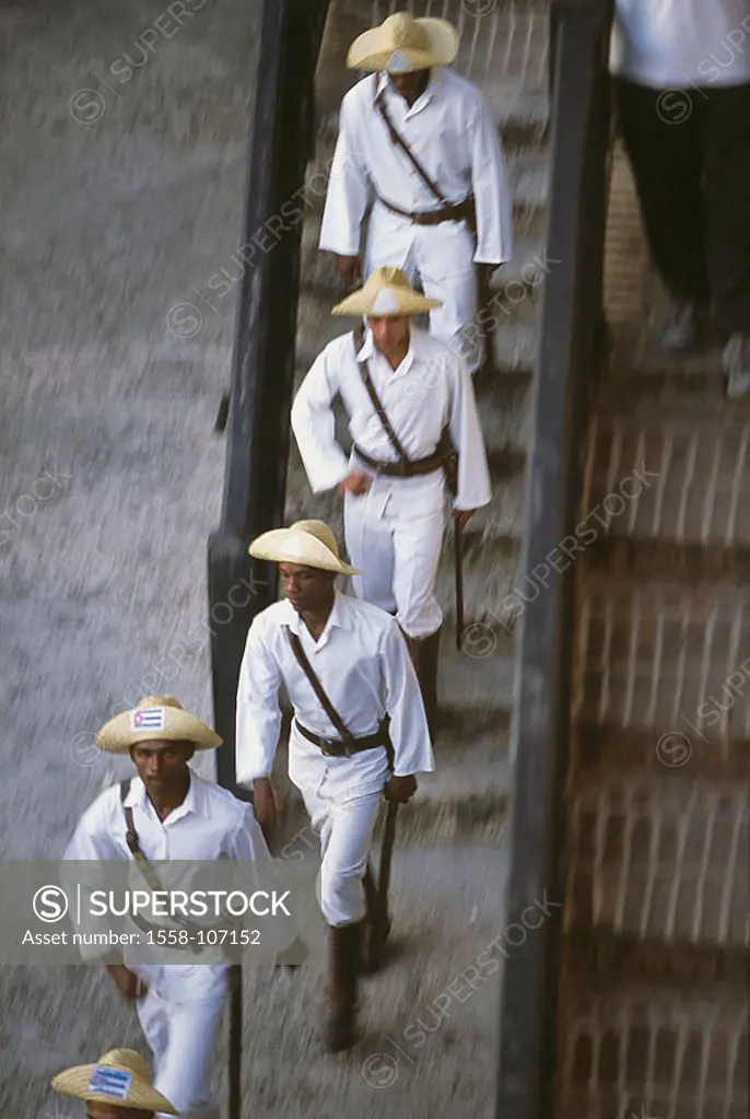 Cuba, Santiago de Cuba, models de la Roca, soldiers, movement, fuzziness, Castillo San Pedro no release, Central America, El Morro, castle, steps, nat...