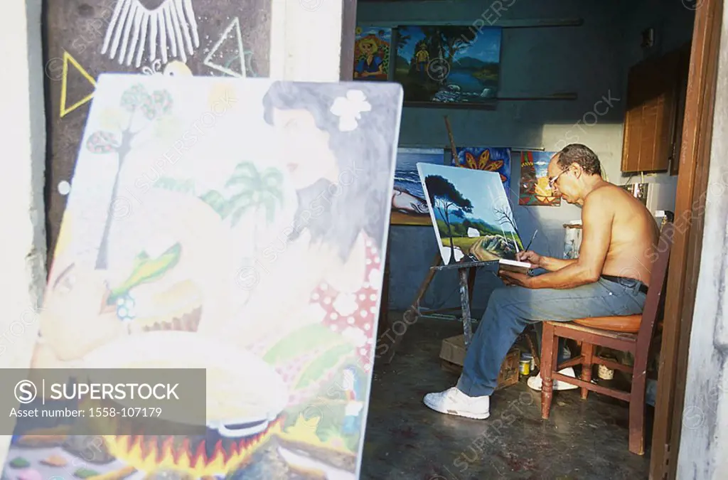 Cuba, Baracoa, studio, man, picture, paints, , Central America, Cubans, native, freely upper bodies painters, hobby-painters, sits, painting, art, han...