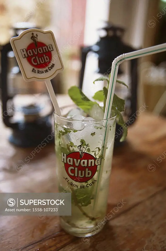 Cuba, table, glass, mixed drink, glass, logo ´Havana club´ straw only editorially, beverage, alcohol, Mojito, typically, specialty, drinks, symbol, ce...