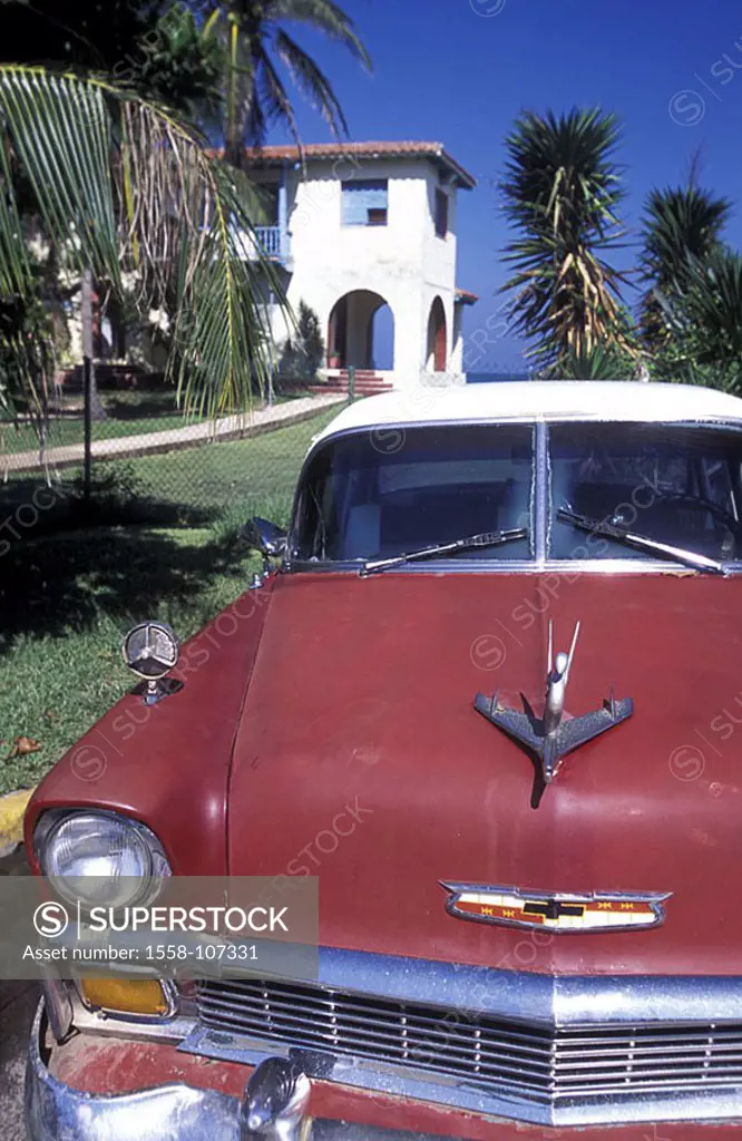 Cuba, Varadero, Oldtimer, red, front-opinion, detail, Central America, Caribbean, vehicle, car, private car, old, historically, symbol, collector item...