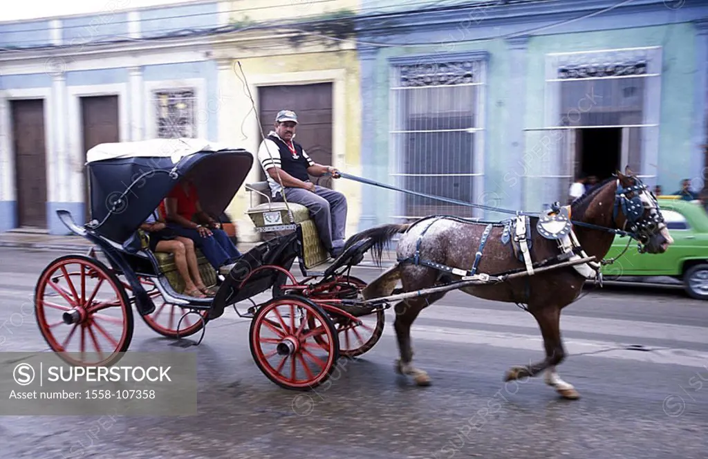 Cuba, Cardenas, models horse-carriage, tourists, no release, Central America, horse coachmen, man, Cubans, native, street, carriage, runs, movement, s...