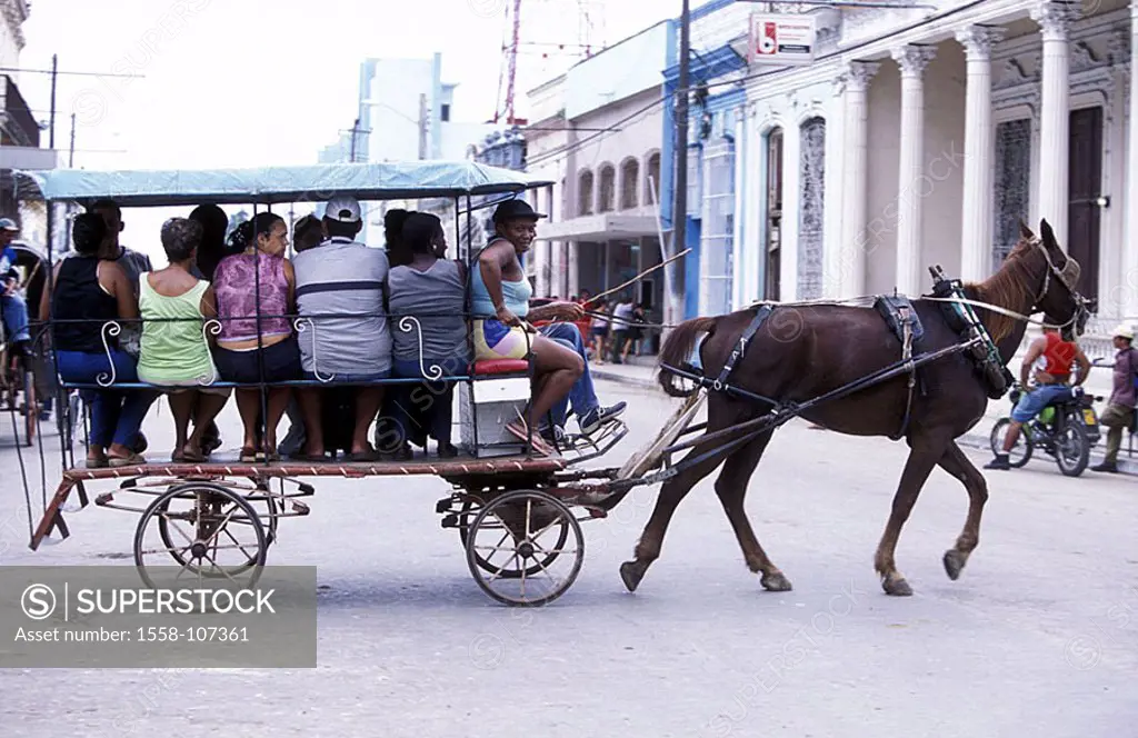 Cuba, Cardenas, horse-carriage, passengers, at the side, , Central America, street, carriage, horse coachmen, man, Cubans, native, runs, movement, sym...