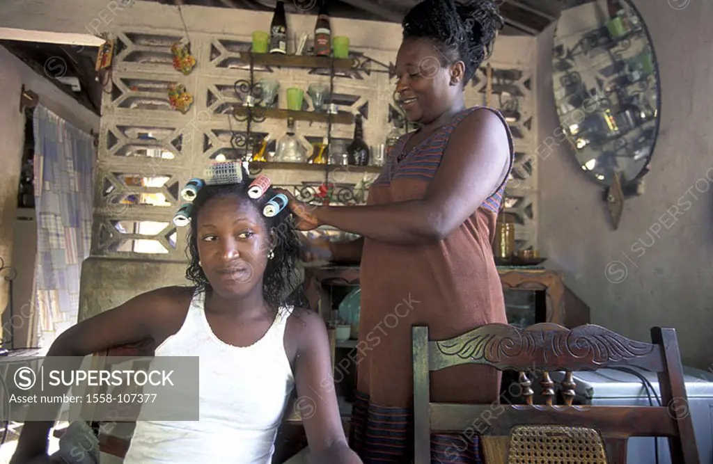 Cuba, Cueto, living space, mother, daughter, hair, curlers, turns up, , Central America, natives, women, hair care Cubans, swarthily, combs, symbol, h...