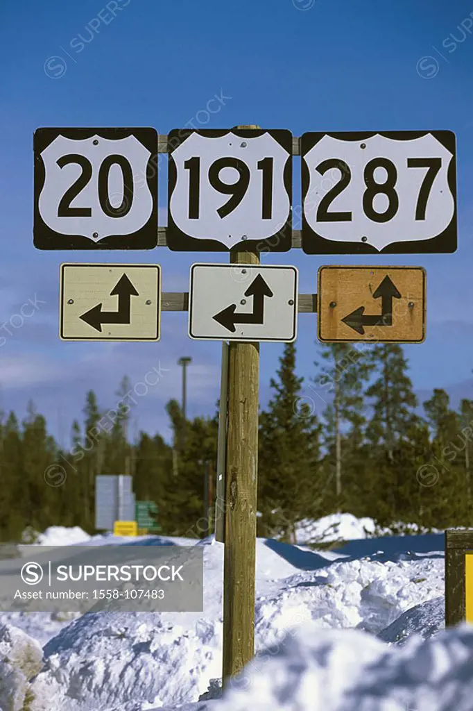 USA, Montana, signposts, Highways, numbers, arrows, North America, United States of America, season, winters, wintry, snow, signs, signs, traffic sign...