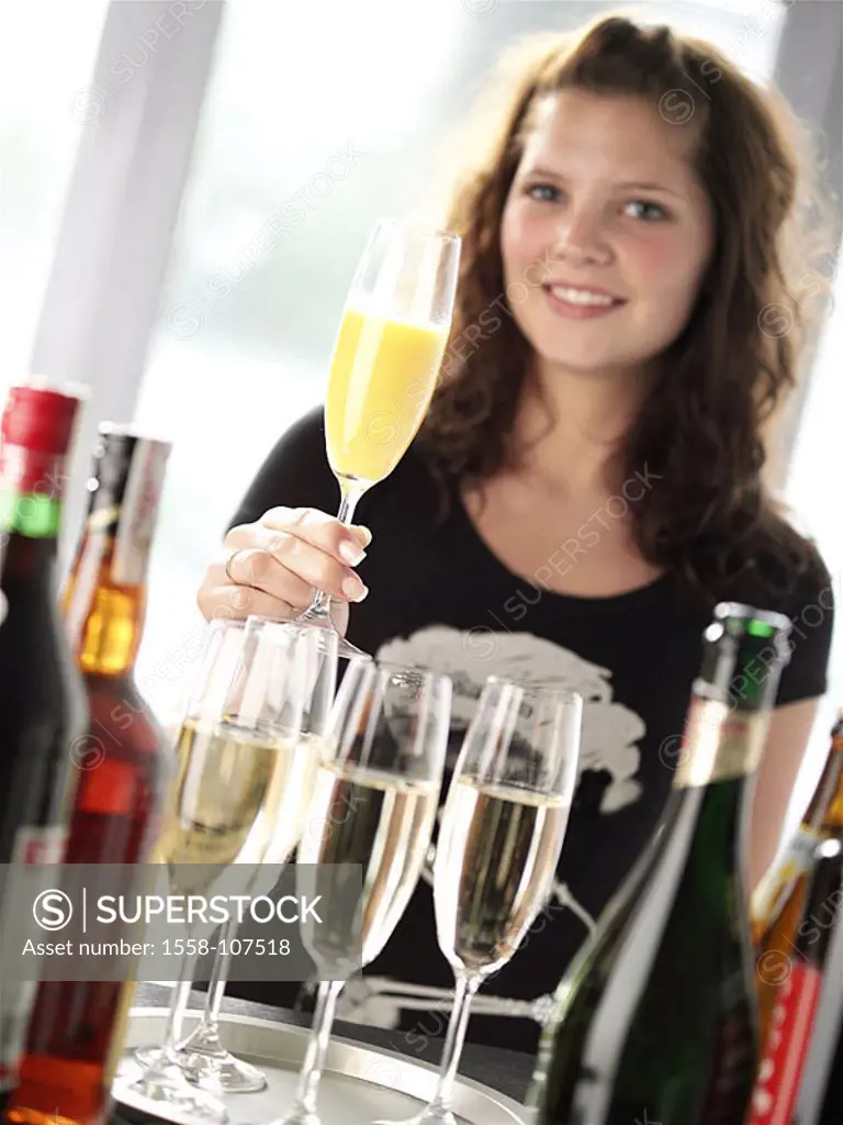 Woman, young, smiles, champagne-glasses, orange juice, tray, hold champagne, semi-portrait fuzziness people 20-30 years teenager, youth, brunette, lon...