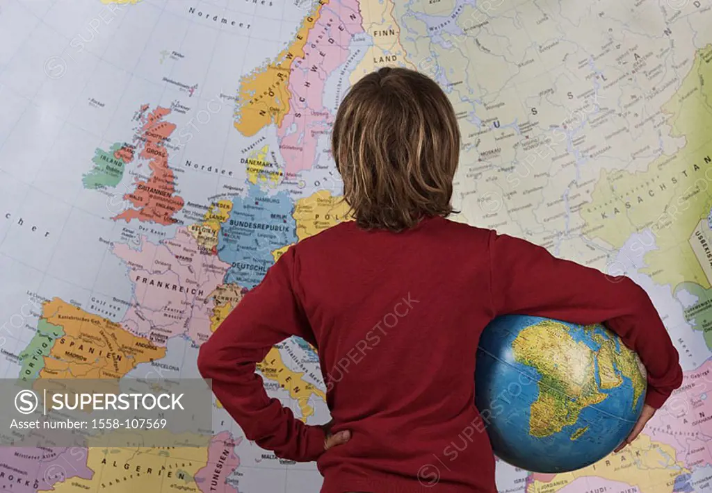 Give birth, globe, map, back-opinion, gets along semi-portrait, people young child youth 11 years, school, students, instruction, learning, formation,...